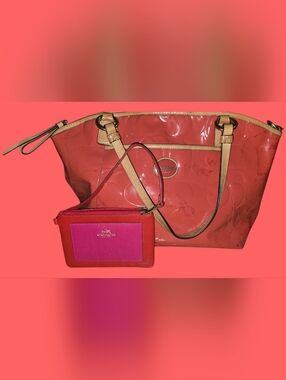 Coach Pink & Coral Patent Tote with Pink Leather Pouch